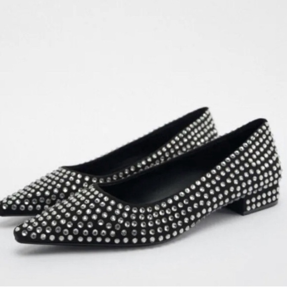 Zara Crystal Rhinestone Ballet Block Heel Flats in Black Size EU 37 / US 7 - Picture 3 of 13
